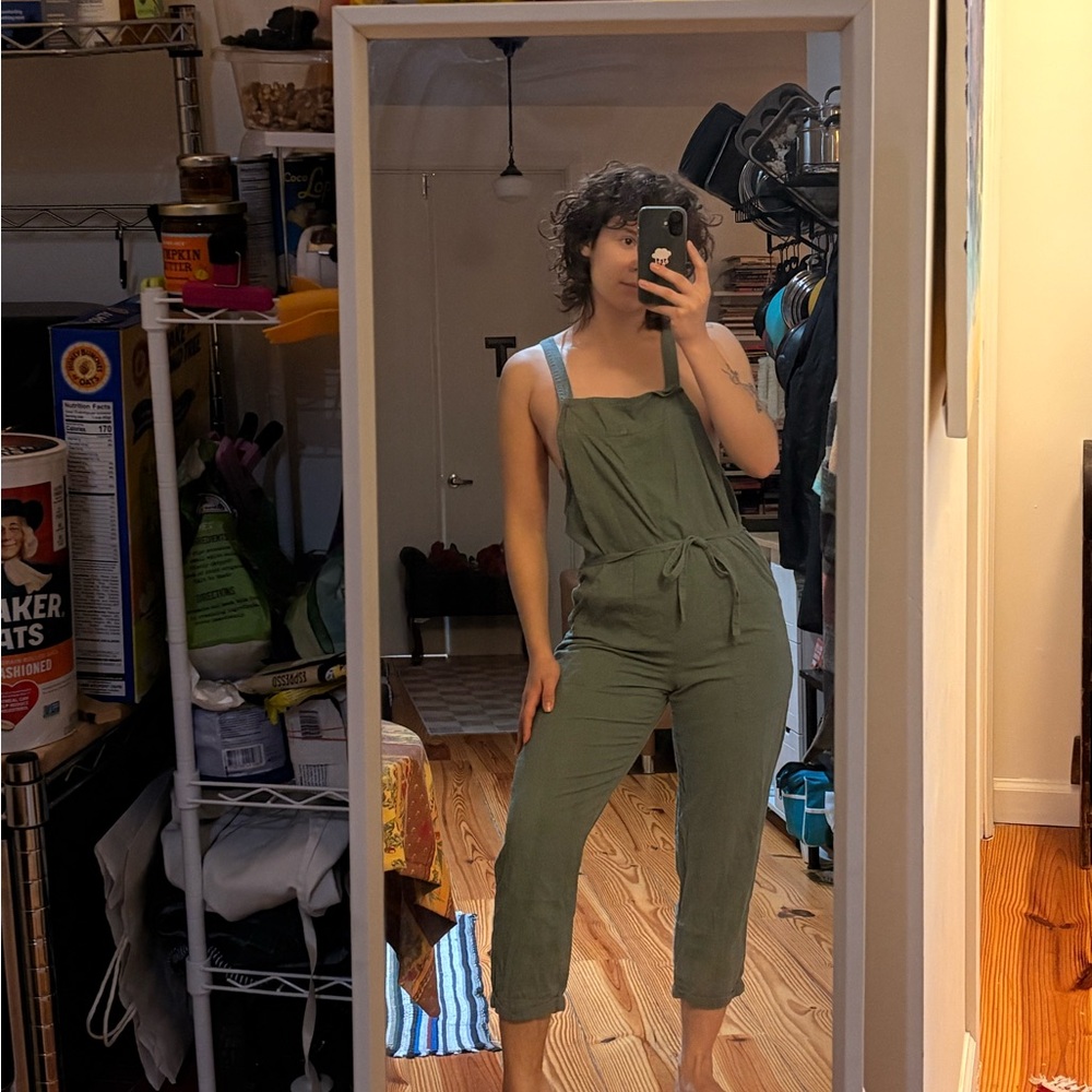 Universal Thread Olive Green Linen-Blend Tie-Waist Jumpsuit